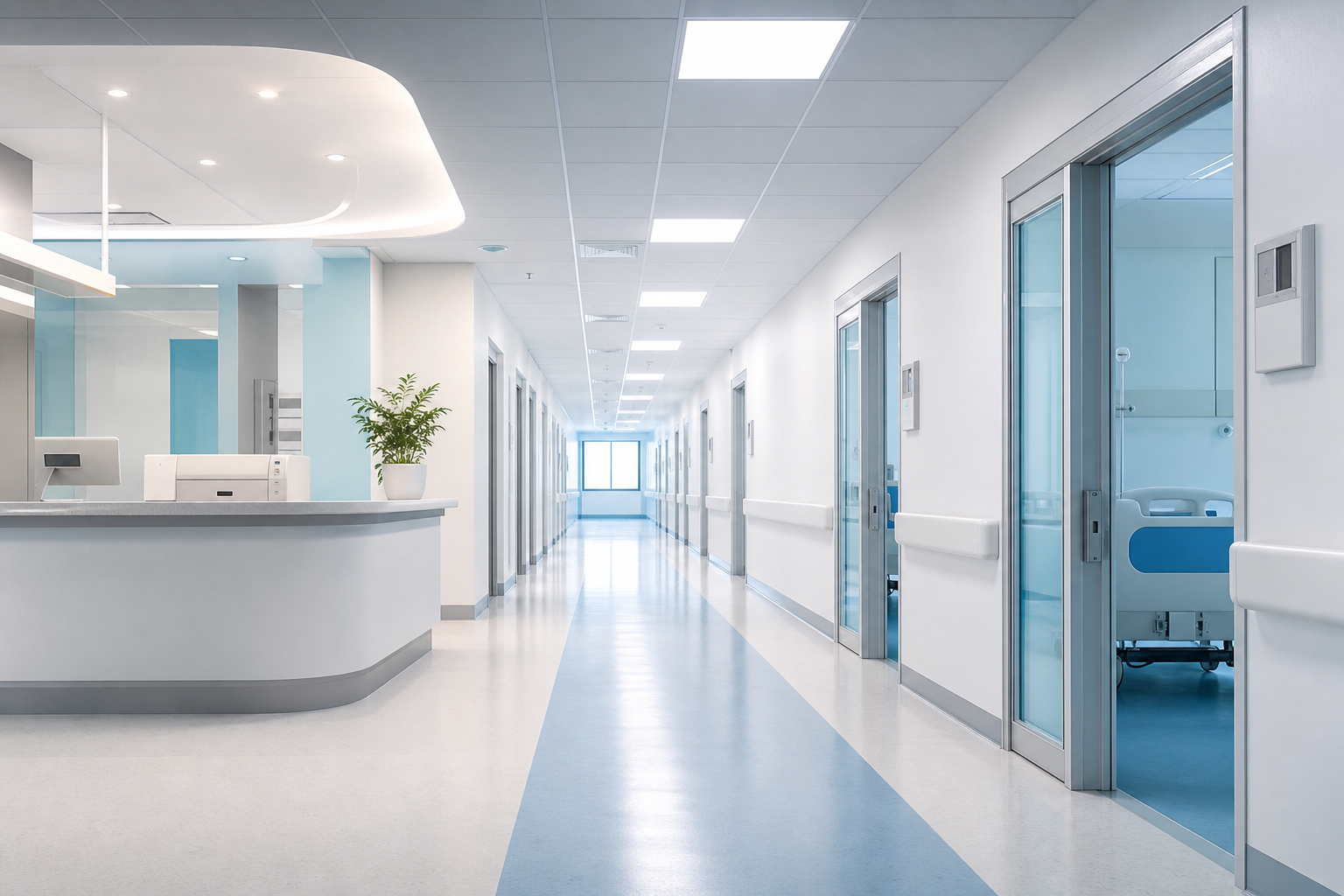 A clean, contemporary hospital corridor illuminated by ceiling-mounted LED panels